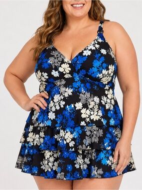 Catherines 26W Blue Floral Swimdress One Piece Swimsuit Plus Sz Skirted Swimwear